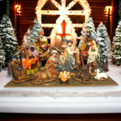 Set Mini Natività Classica Presepe Statuine in Resina con 11 soggetti Personaggi da h. 15 cm Giuseppe Maria Gesù Bambino Re Magi