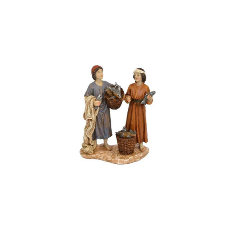 Coppia Pastori Presepe PESCATORI con Cesta Pesci Personaggio Presepe h. 16 cm