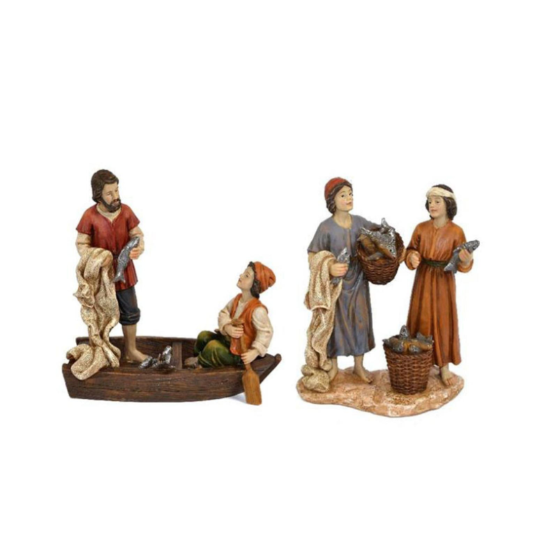 Set da 2 Coppie Pastori Presepe PESCATORI con Barca e Donne con cesta Pesci 16 cm