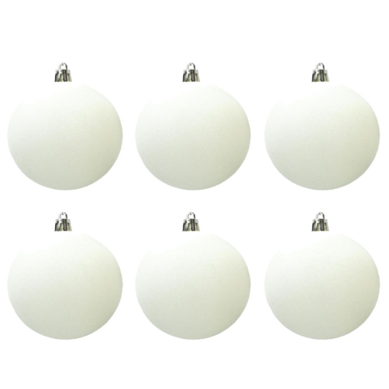 6x Palline di Natale in Velluto Sfera Infrangibile in Plastica BIANCA FLOCCATE - 10 cm