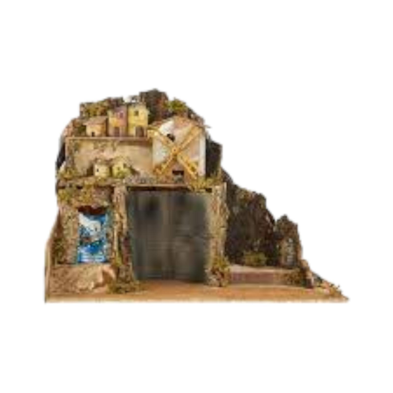 PAESAGGIO PRESEPE CON MULINO,CASCATA ELETTRICO  E CASETTE CM.42X35X43 - PR-24141