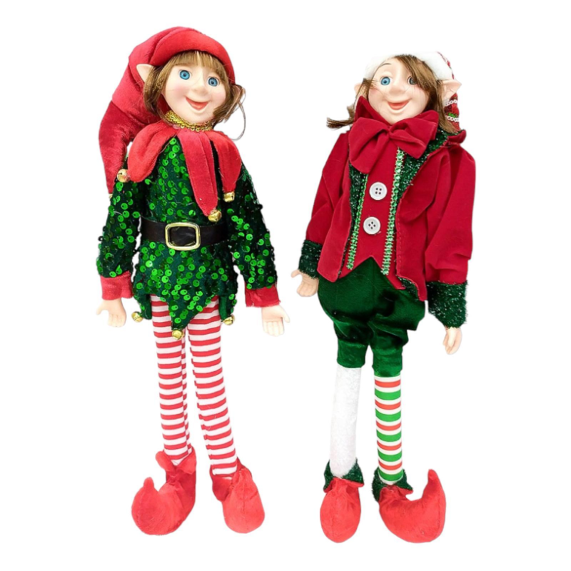 Peluche Elfo Gnomo di Natale 50 cm Abito PAILLETTES e VELLUTO rosso e verde