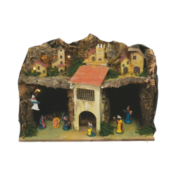 PRESEPE COMPLETO CON TORRE E DOPPIA GROTTA CM.40X19X32 CON 9 PASTORI E LUCI - PR-24324