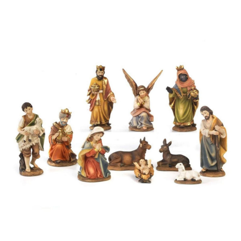 Set Mini Natività Classica Presepe Statuine in Resina con 11 soggetti Personaggi da h. 7 cm 