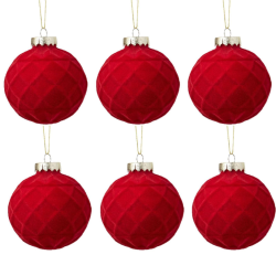 Set Palline di Natale ESAGONALI in Velluto Sfera Infrangibile in Plastica ROSSO FLOCCATE