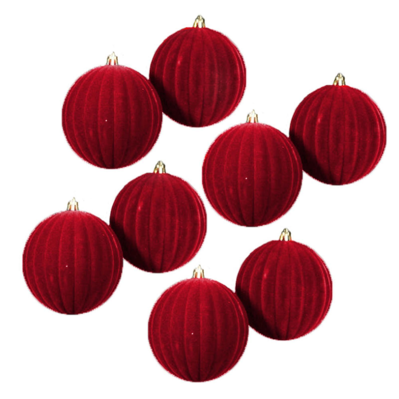 8x Palline di Natale STRINGATE in Velluto Sfera Infrangibile in Plastica Rosso 10 cm