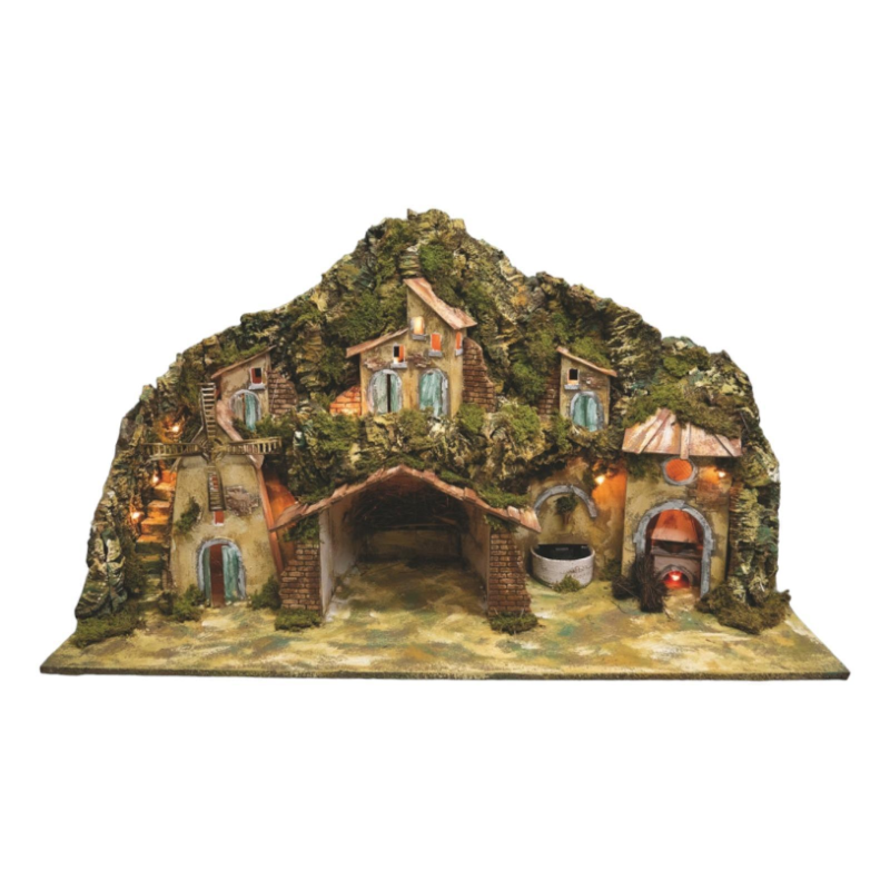 PAESAGGIO PER PRESEPE CM.42X96X58 CON FONTANA,MULINO,FUOCO,10 LUCI - PR-24523