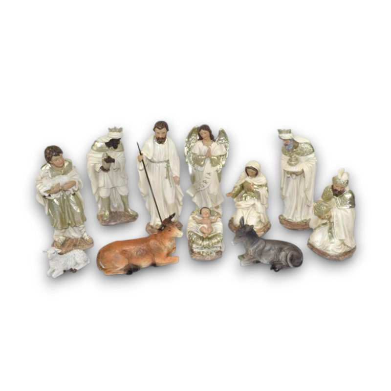 Natività 20 cm set 11 pz bianca con oro bianco