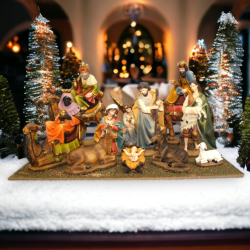 Set Mini Natività Classica Presepe Statuine in Resina con 11 soggetti Personaggi da h. 15 cm Giuseppe Maria Gesù Bambino Re Magi