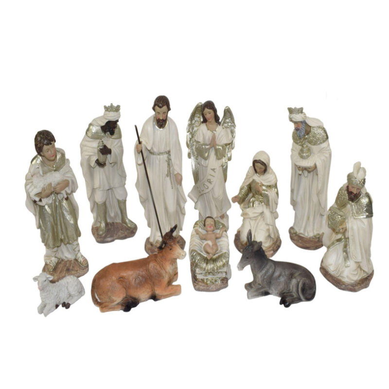 Set Natività 11 Soggetti in Ceramica BIANCA Colori Chiari ORO PLATINO da h. 12 cm