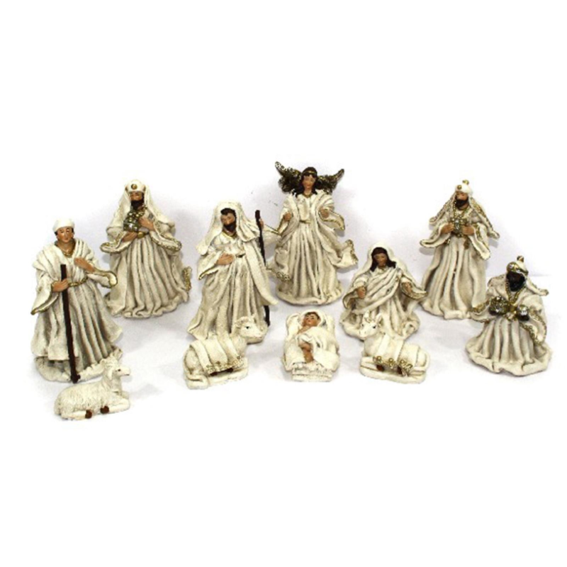 Aurora Store Set Natività Bianca Presepe Statuine in Resina con 8 soggetti Personaggi da h. 14 cm