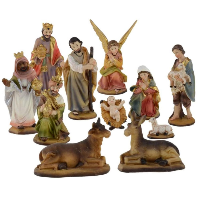 Set Mini Natività Classica Presepe Statuine in Resina con 11 soggetti Personaggi da h. 9 cm