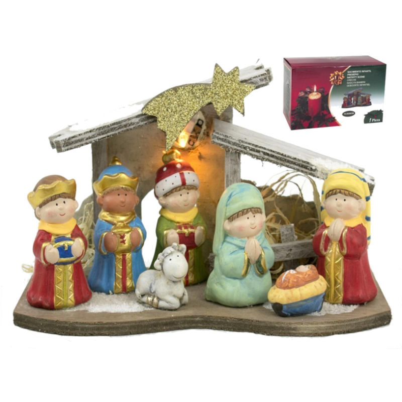 Capanna Natività Bambini Baby statuine ORO con LUCI LED miniature in Ceramica 7 personaggi 15.5x26 cm 