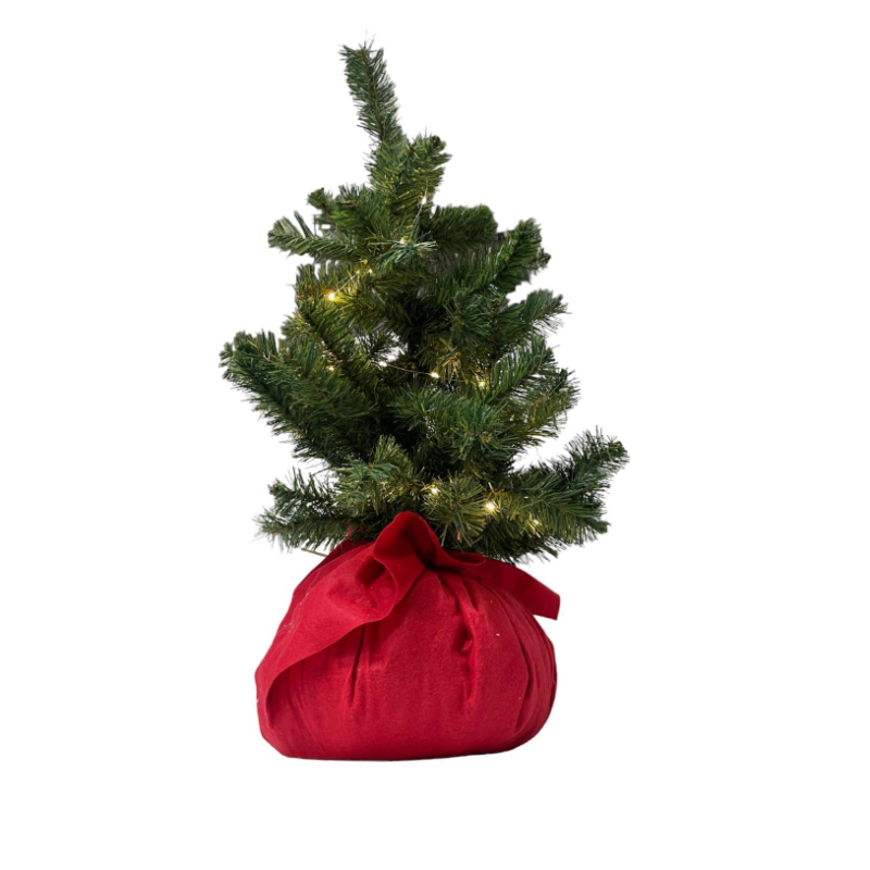 Pinetto Verde con LUCI LED, Alberello con PANNO VELLUTO Rosso molto Folto, Albero di Natale Completo in PP+PVC con Sacco Juta Ro