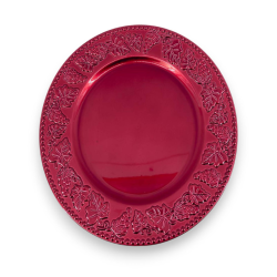 12 Sottopiatti Tondo Rosso Bordo Foglie - Plastica Rigida - 33 cm 