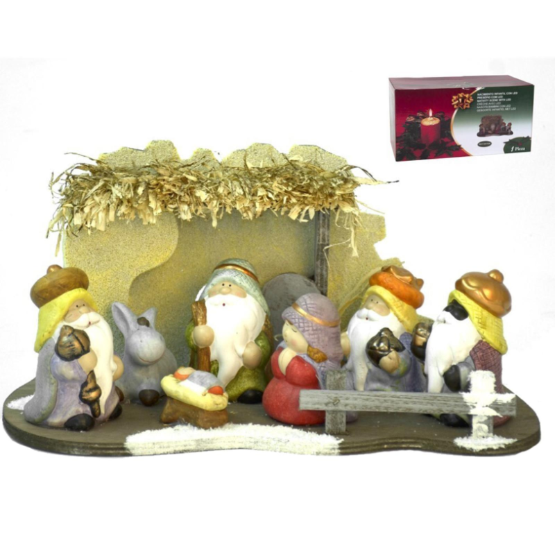 Capanna Natività Bambini Baby statuine ORO con LUCI LED miniature in Ceramica 7 personaggi - 35x8x17cm