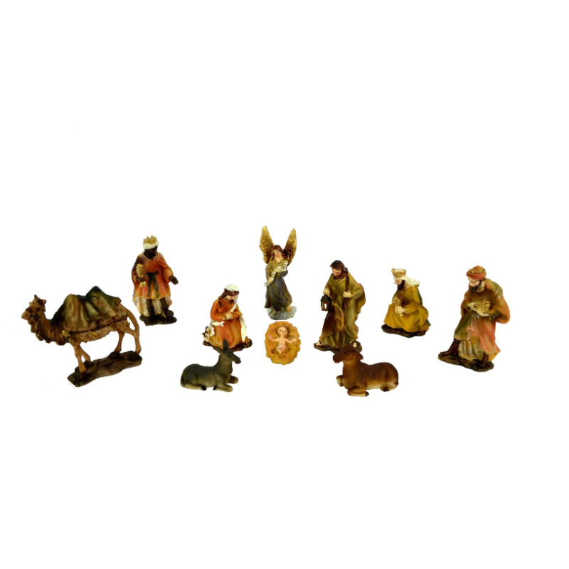 Set Mini Natività Colori Chiari Presepe Statuine in Resina con 10 soggetti Personaggi da h. 9 cm