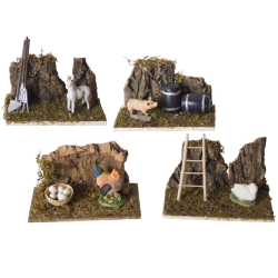 Set 4 pz Ambientazione PRESEPE FATTORIA DEGLI ANIMALI 14 x 8 x h. 10 cm 4 SOGGETTI con STATUINE