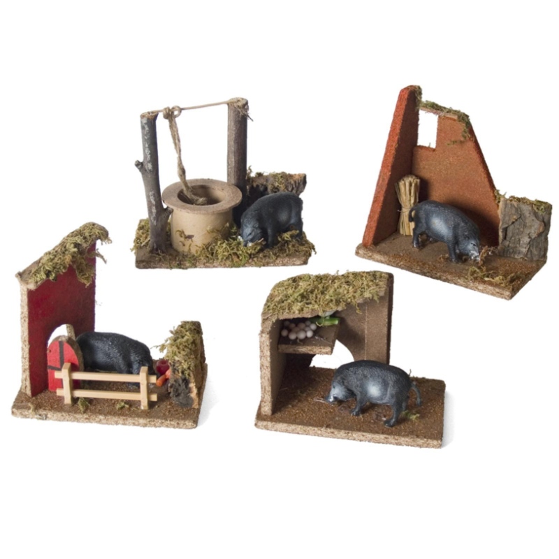 Set 4 pz Ambientazione PRESEPE FATTORIA mangiatoia dei MAIALI 14 x 8 x h. 13 cm 4 SOGGETTI