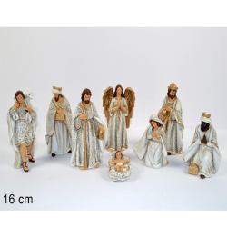 Set Natività Bianca - Statuine in Resina con 8 Personaggi - 16 cm 