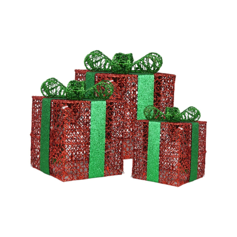 Set 3 Pacchi Regalo Luminosi di Natale ROSSO glitter e nastro VERDE CM.15/20/25 