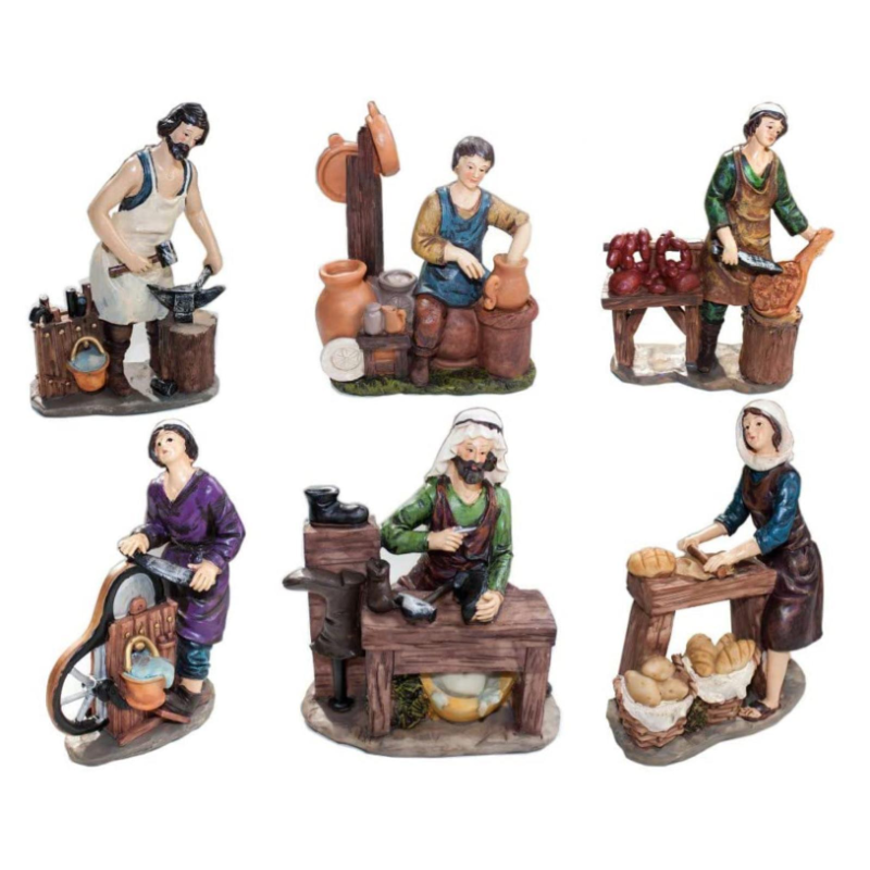 Set 8 Pastori Mestieri in Resina 9 cm Presepe Statuine in Personaggi Assortiti 8 soggetti diversi