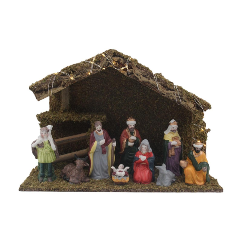 apanna Presepe Completa con 30 Luci Led inclusa Natività e 9 Statuine in Porcellana 40x14,5x27 cm