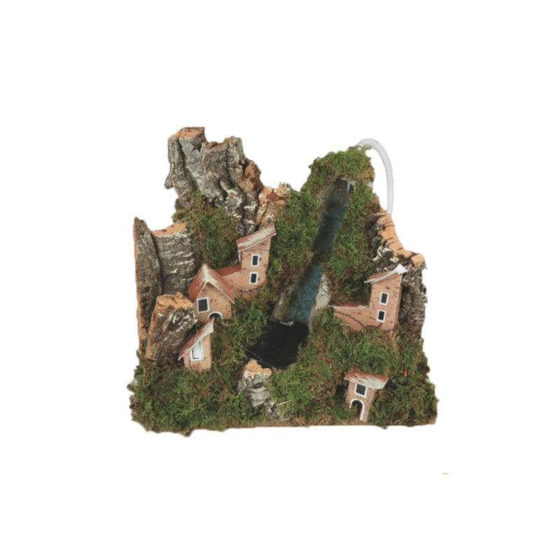 Villaggio Presepe Scenario con Cascata ad Acqua in Movimento Pompa Inclusa 16x16 x h. 23 cm