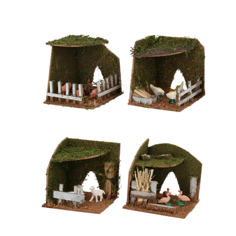 Set 4 pz Ambientazione PRESEPE Fattoria ANIMALI DA CORTILE statuine incluse 10 x 10 x h. 10 cm