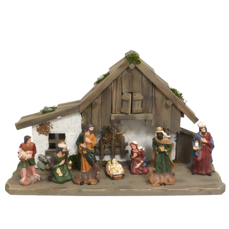 Natività con CAPANNA PRESEPE in RESINA 9 soggetti Personaggi da h. 20 cm Capanna da 50cm