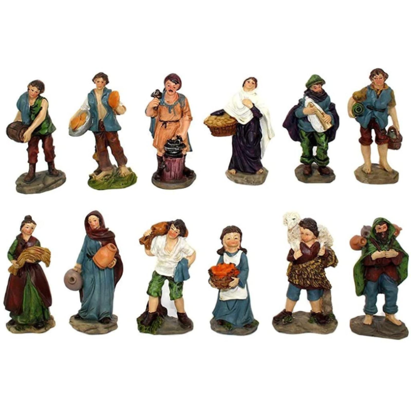 Set 12 Pastori in Resina 9 cm Presepe CLASSICO Statuine in Personaggi Assortiti dipinte a Mano