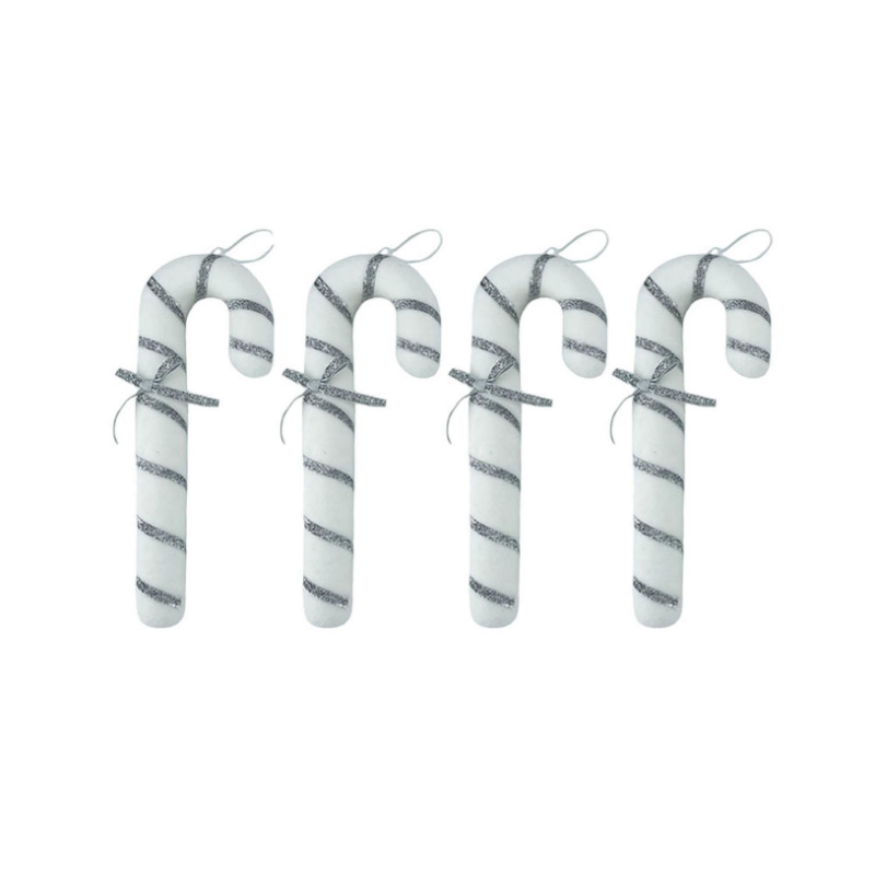 4x Candy Cane Floccato APPENDINO Addobbo Bianco e Argento