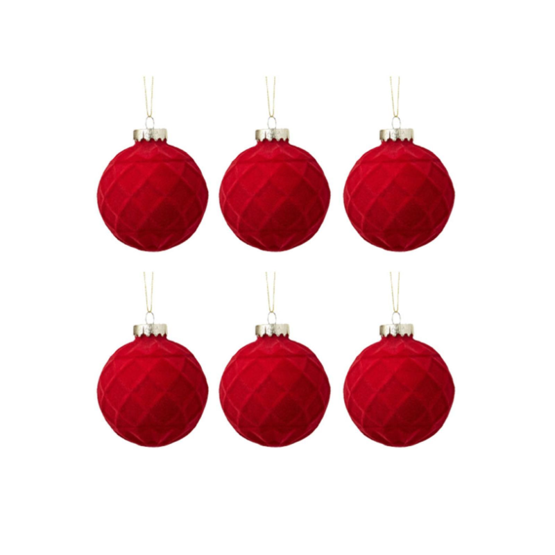 6x Palline di Natale in Velluto Sfera Infrangibile in Plastica ROSSO ROMBOIDALE FLOCCATE 8 cm