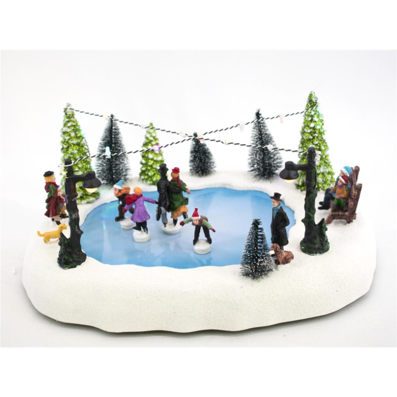 Villaggio di Natale Innevato - Lago pista da pattinaggio e Pattinatori riposizionabili- 32x25x15 cm