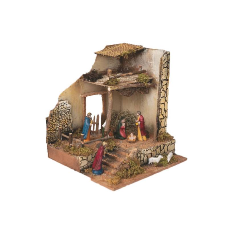 Natività Completa di Presepe 8 pz da h. 10 cm Capanna 33x35x h. 37 cm