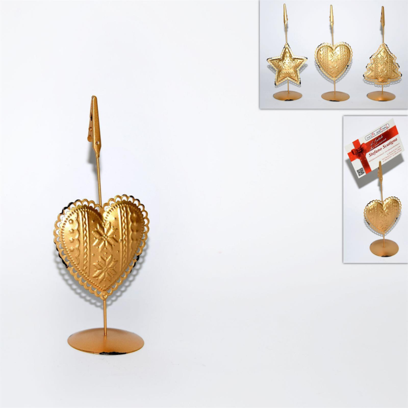 12 Porta bigliettini segnaposto in metallo - Stella/Cuore/Albero - Oro -  7x15 cm