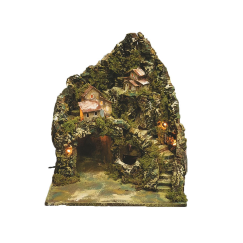 Presepe Completo LUCI INCLUSE e FONTANA in Sughero 35x30 x h. 40 cm