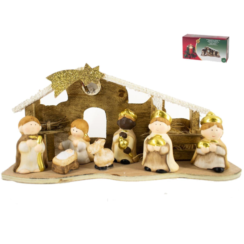 Capanna Natività Bambini Baby statuine con LUCI LED miniature in Ceramica 7 personaggi 31x10x16cm