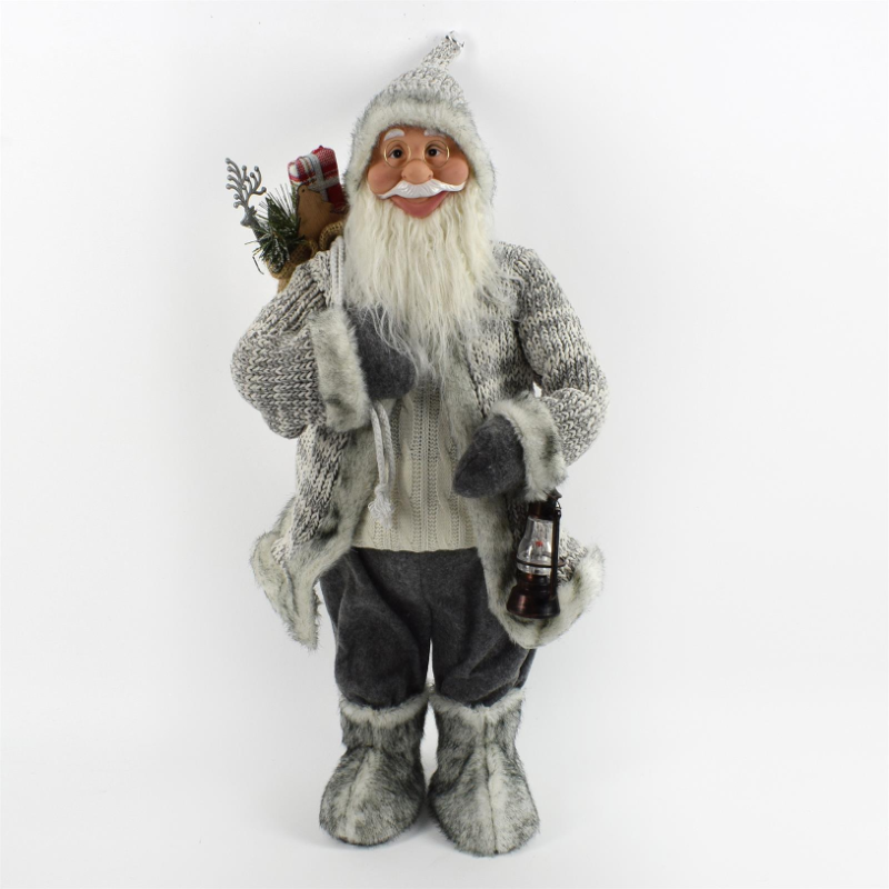 Statuetta Pupazzo Babbo Natale con Lanterna e Pelliccia Grigio e Bianco - 60 cm