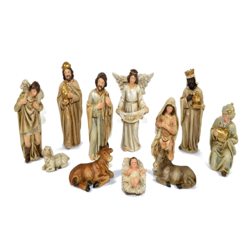 Presepe Natività Effetto color Legno con 11 soggetti Fino a 8 e 12 cm