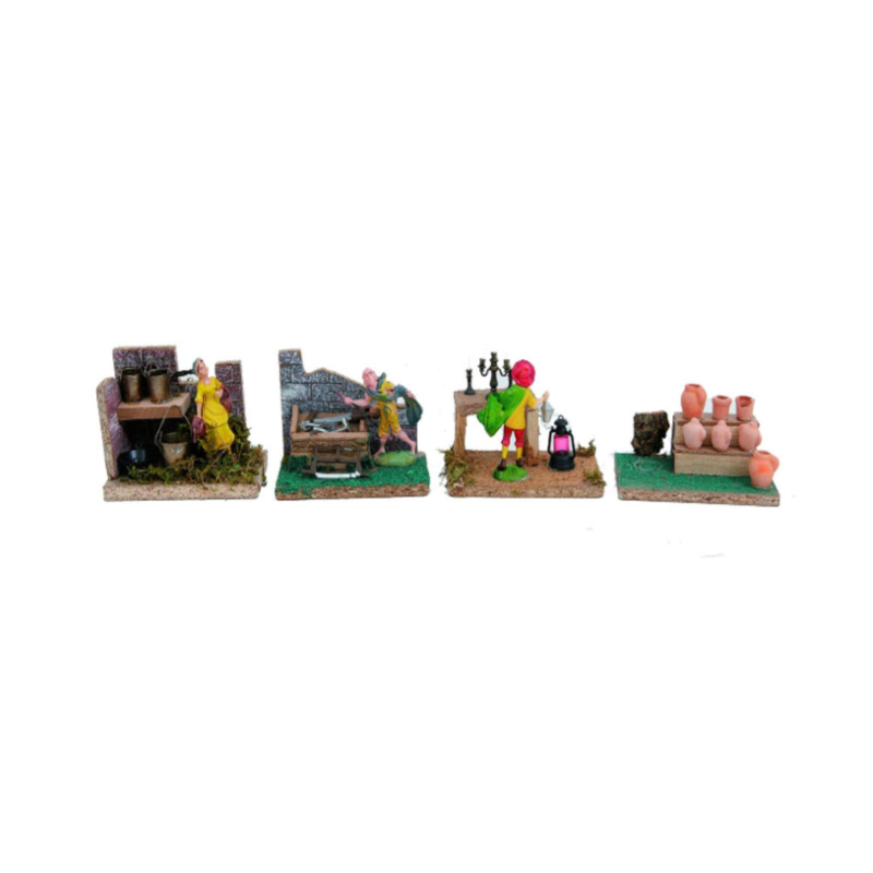 Set 4 pz Ambientazione Casolare con Statue Presepe Mestieri  h.10x14x8 cm