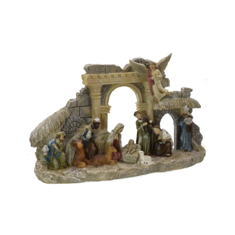 Tempio Capanna innevata PRESEPE di Natale Completa di Natività da 11 Pezzi 29x7x h.18 cm