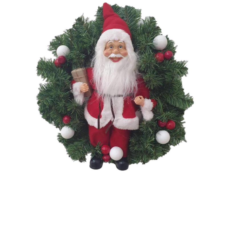 Corona in PVC con bacche rosse e babbo natale 45 cm - AP-47941