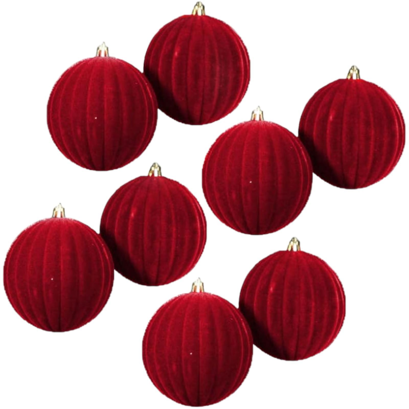 8x Palline di Natale STRINGATE in Velluto Sfera Infrangibile in Plastica Rosso FLOCCATE per Albero di Natale Decorazioni Nataliz