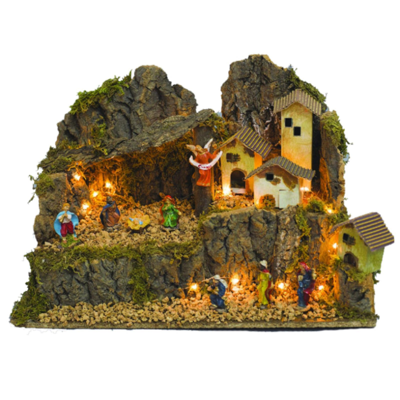 Aurora Store.it Presepe Completo con Luci, Natività e Pastori in Sughero e Muschio 8 Statuine su 2 livelli 40 x 25 x h. 30 cm