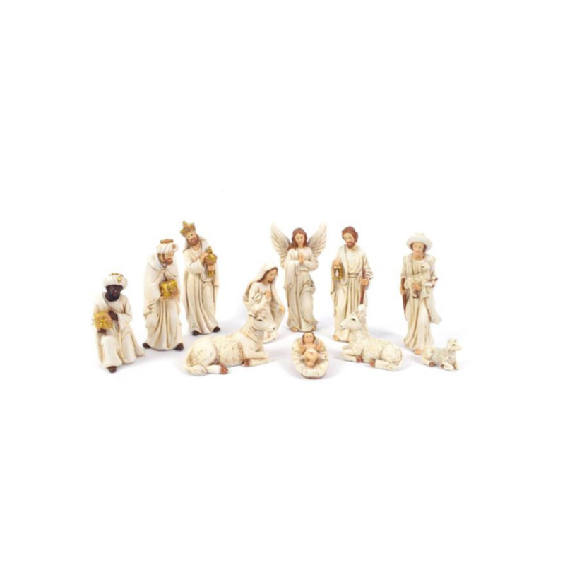 Set Natività 11 Soggetti in Ceramica Bianca Colori Chiari BIANCO ORO da h. 12 cm