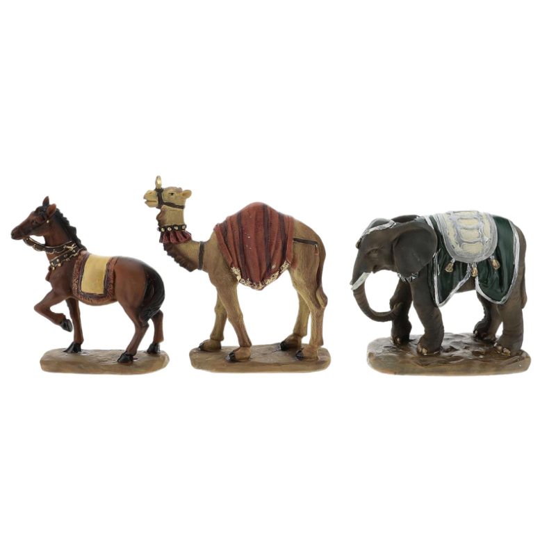 Set Animali per presepe cm 13, dromedario, cavallo ed elefante, in resina colorata. Set composto da 3 pezzi