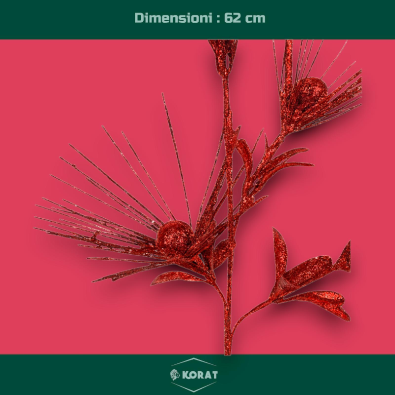 Set 6 Steli con Fiore Glitterato e Palline - 62 cm