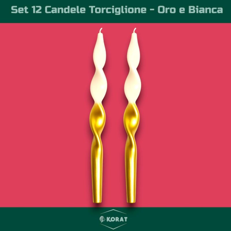 Set 12 Candele Torciglione - Bianco/Oro - 80 Gr. - 25 Cm