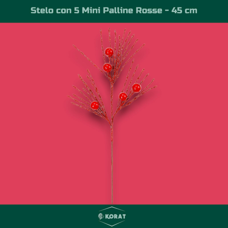 Set di 6 Steli Decorativi Natalizi da 45 cm con Mini Palline Lucide Rosse